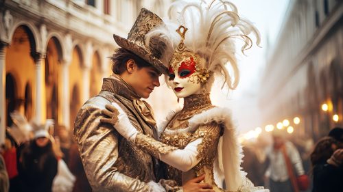 Beautiful closeup portrait of young couple in traditional venetian carnival mask and costume, dancing at the national Venice festival in Italy.